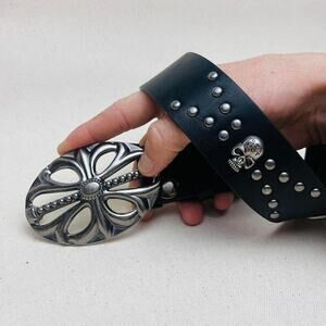y2k 2000s vintage skeleton chrome cross studded goth emo black belt